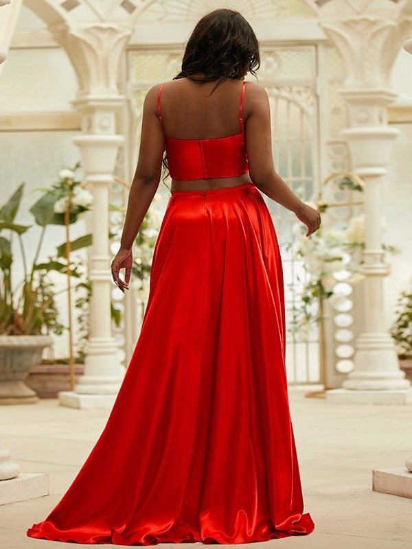 A-Line/Princess Train Ruffles Sleeveless Spaghetti Silk Sweep/Brush Satin Straps like Two Piece Dresses