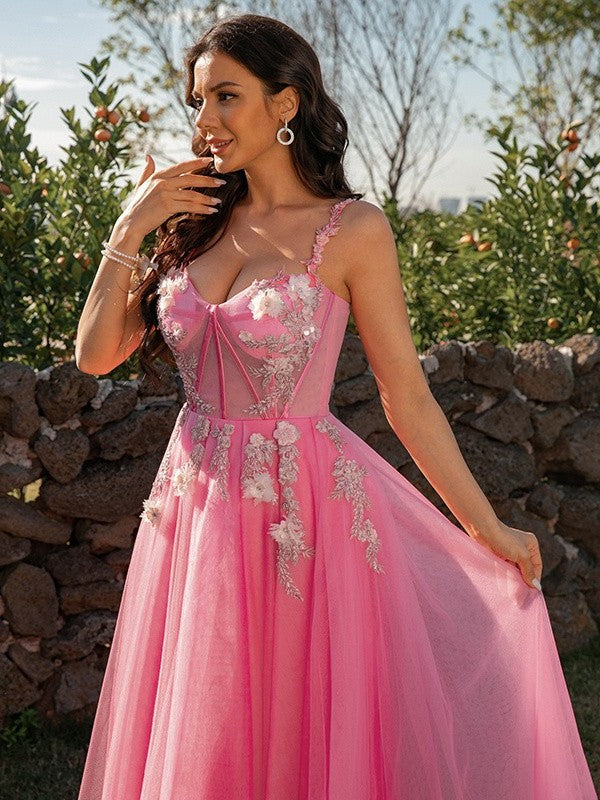 Tulle A-Line/Princess Applique Straps Sleeveless Floor-Length Dresses