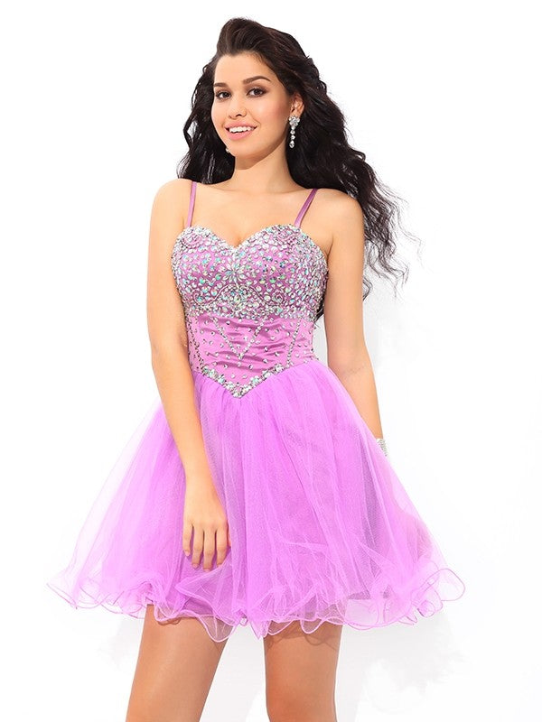 A-Line/Princess Spaghetti Straps Marin Paillette Sleeveless Homecoming Dresses Short Net Cocktail Dresses