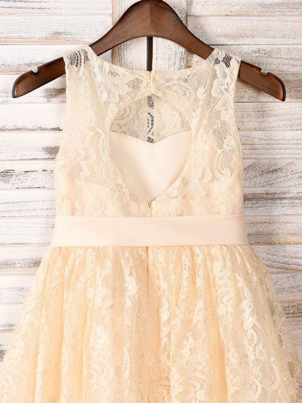 A-Line/Princess Tea-Length Scoop Sash/Ribbon/Belt Sleeveless Lace Flower Girl Dresses