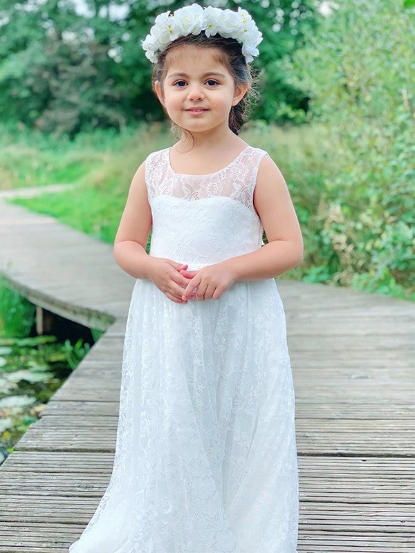 Sleeveless A-Line/Princess Lace Scoop Ruffles Ankle-Length Flower Girl Dresses