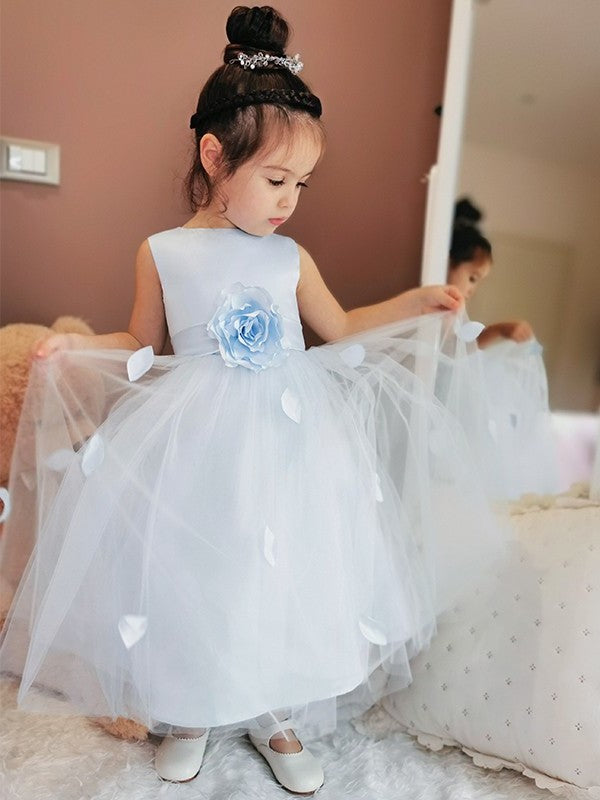 Flower Sleeveless Ankle-Length Tulle Hand-Made Scoop A-Line/Princess Flower Girl Dresses