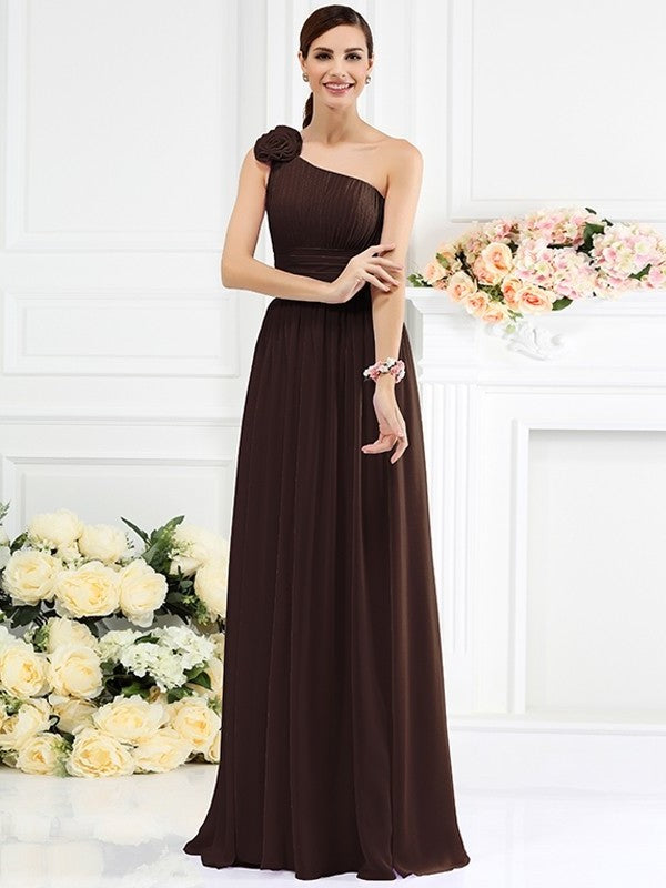 Long Hand-Made A-Line/Princess Pleats Sleeveless Flower One-Shoulder Chiffon Bridesmaid Dresses