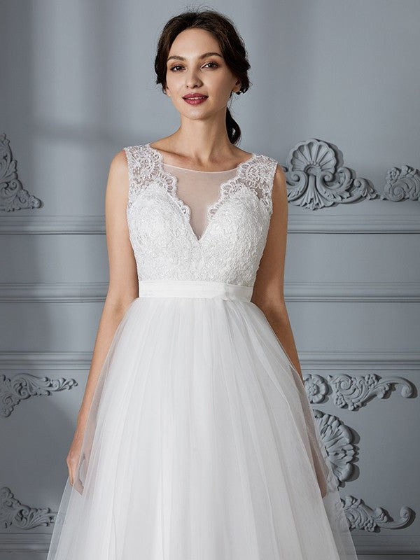 A-Line/Princess Train V-neck Sleeveless Sweep/Brush Tulle Wedding Dresses