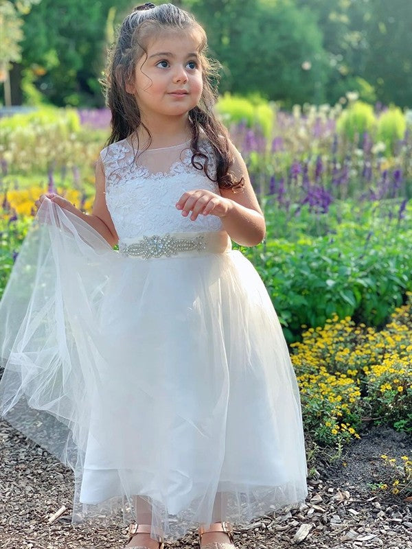 Scoop Tulle Tea-Length Sleeveless A-Line/Princess Lace Flower Girl Dresses