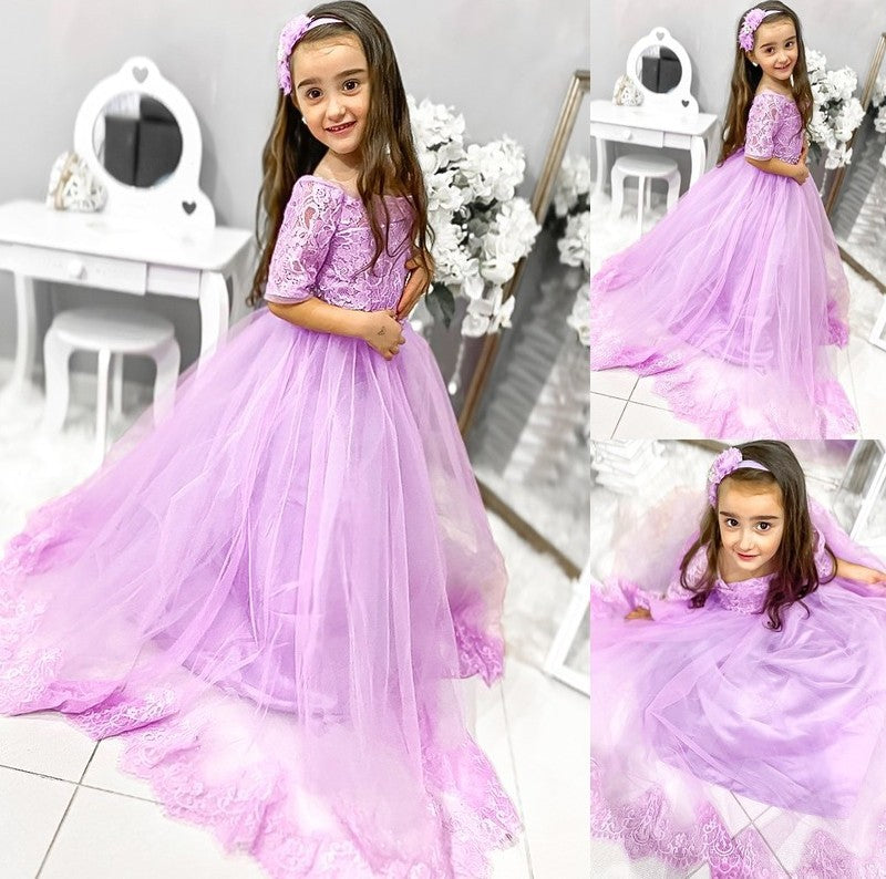 Train Off-the-Shoulder Sleeves Sweep/Brush Lace 1/2 Ball Tulle Gown Flower Girl Dresses