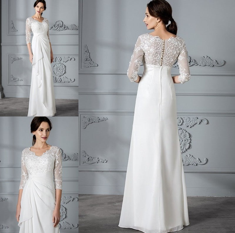 Sheath/Column V-neck Chiffon Sleeves 3/4 Floor-Length Wedding Dresses