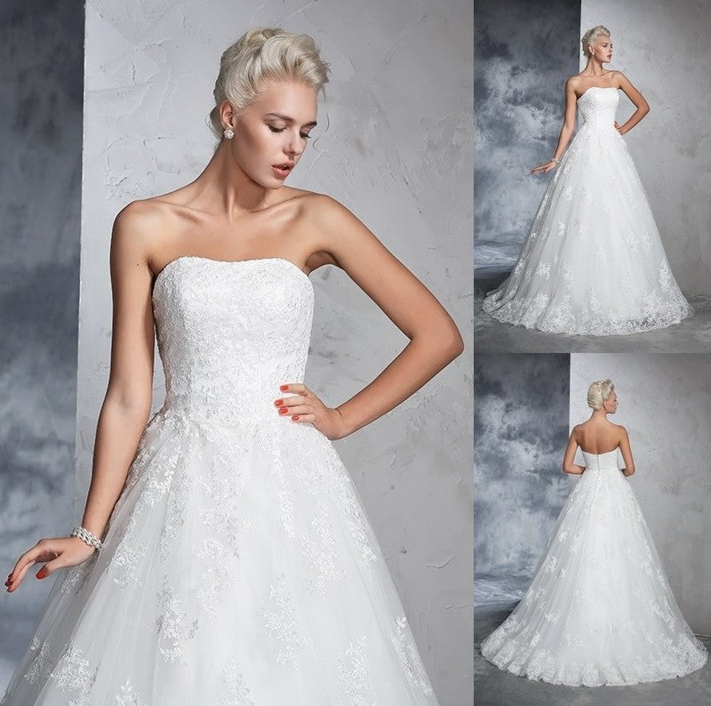 Ball Lace Gown Long Strapless Sleeveless Lace Wedding Dresses