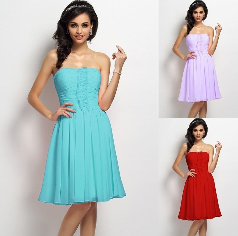 Sleeveless Pleats Strapless A-Line/Princess Short Chiffon Bridesmaid Dresses