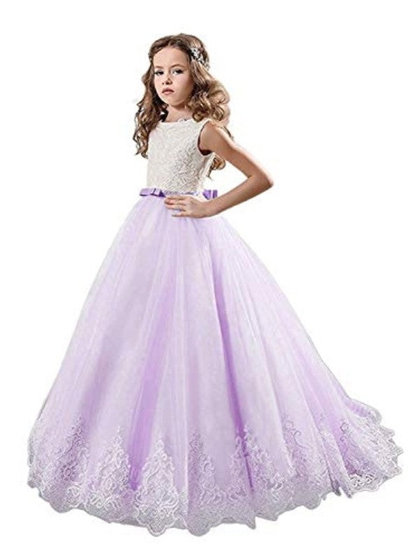 Gown Train Ball Jewel Sweep/Brush Tulle Lace Sleeveless Flower Girl Dresses