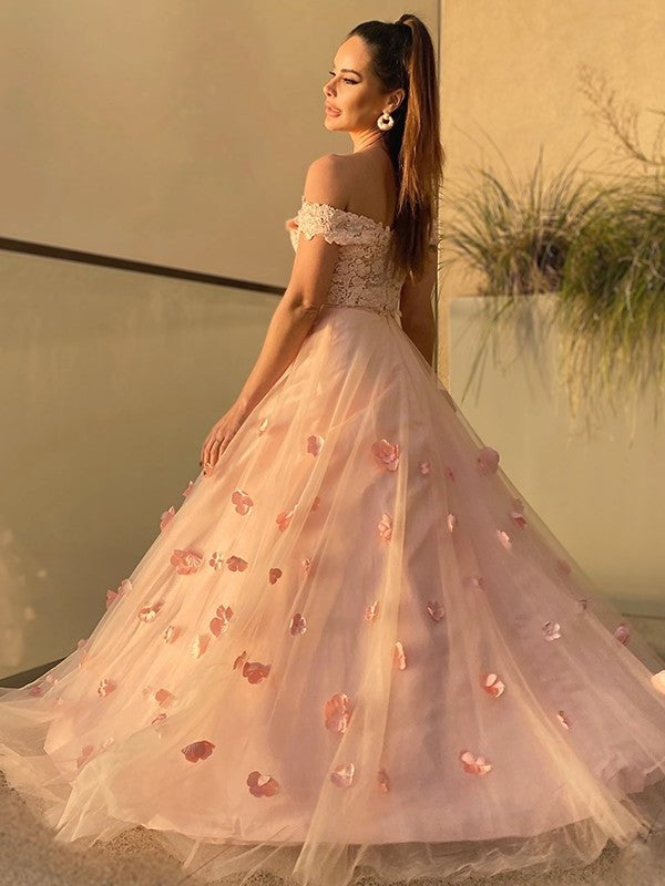 Hand-Made A-Line/Princess Sleeveless Tulle Floor-Length Flower Off-the-Shoulder Two Piece Dresses