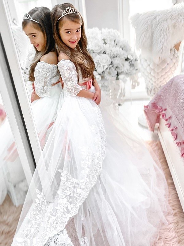 Sash/Ribbon/Belt Tulle Sweep/Brush Off-the-Shoulder 1/2 Train Sleeves A-Line/Princess Flower Girl Dresses