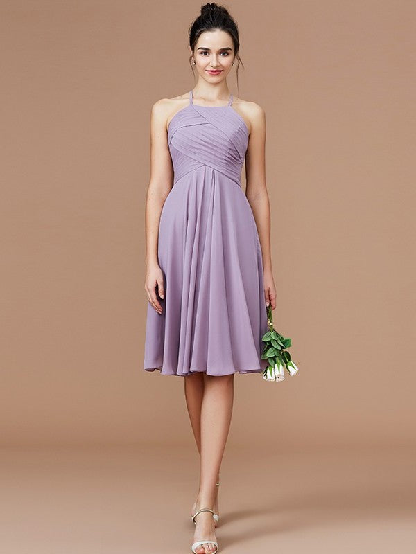 Short/Mini Sleeveless Halter Ruched A-Line/Princess Chiffon Bridesmaid Dresses