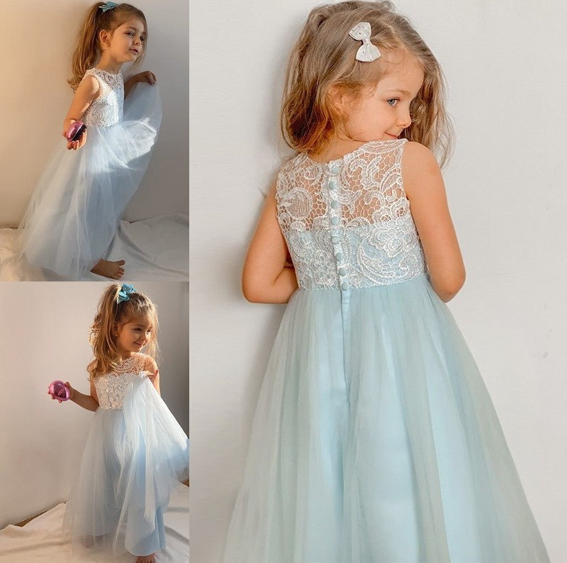 Tulle A-Line/Princess Ankle-Length Sleeveless Scoop Lace Flower Girl Dresses