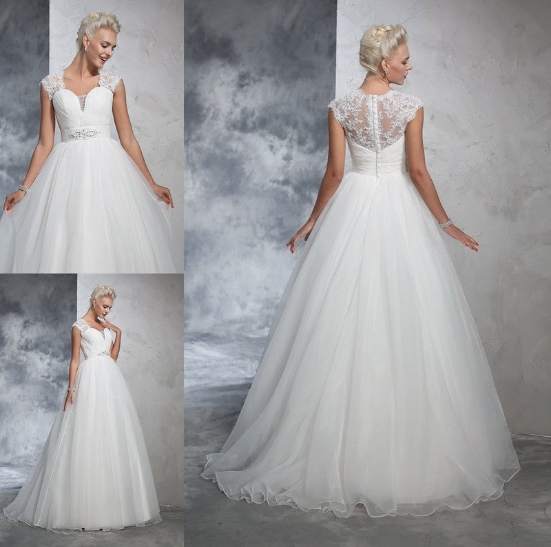 Long Sweetheart Ball Gown Ruched Sleeveless Tulle Wedding Dresses