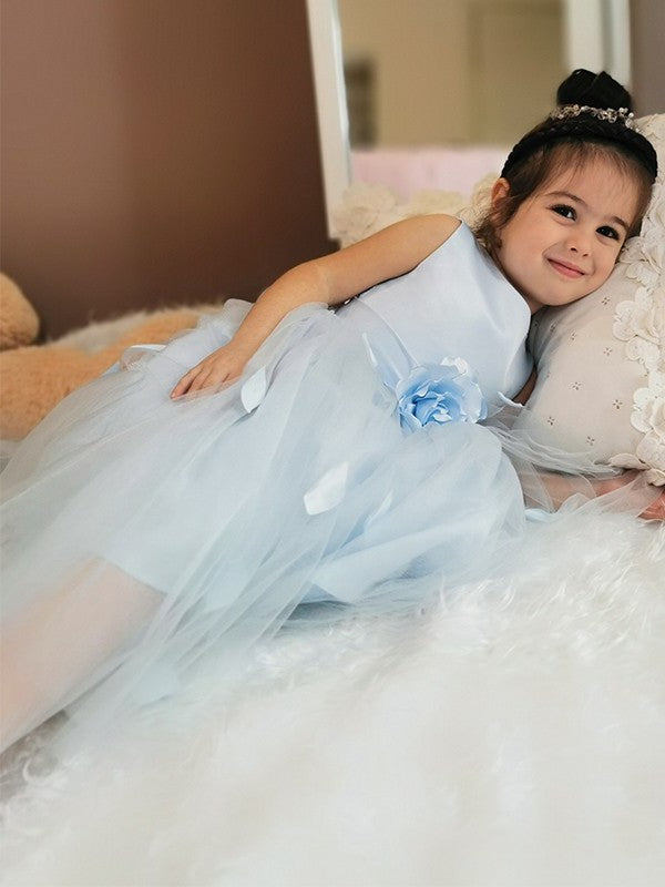 Flower Sleeveless Ankle-Length Tulle Hand-Made Scoop A-Line/Princess Flower Girl Dresses