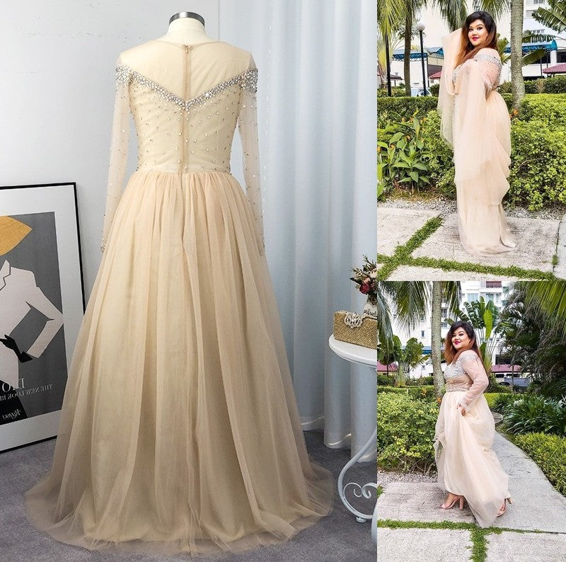 Sleeves Sequin Tulle Floor-Length Gown Ball Off-the-Shoulder Long Plus Size Dresses