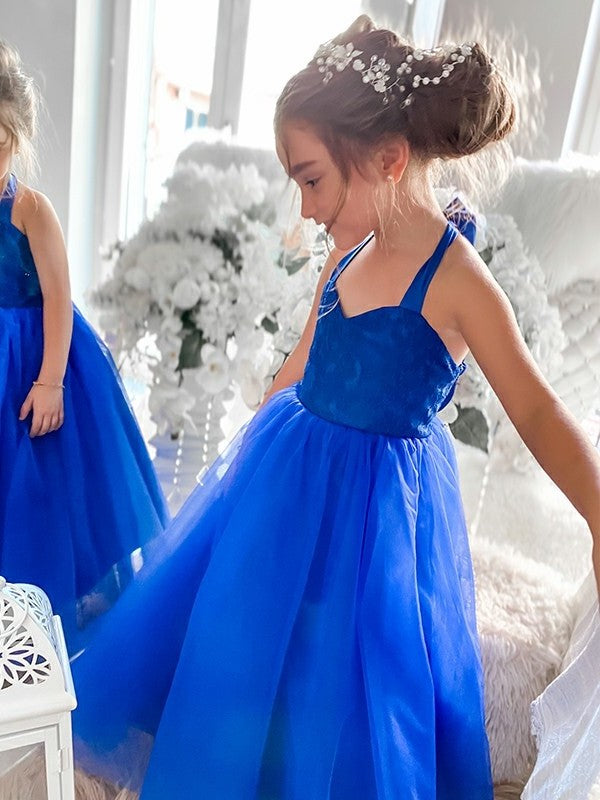 Sleeveless Tulle Halter Tea-Length A-Line/Princess Ruffles Flower Girl Dresses