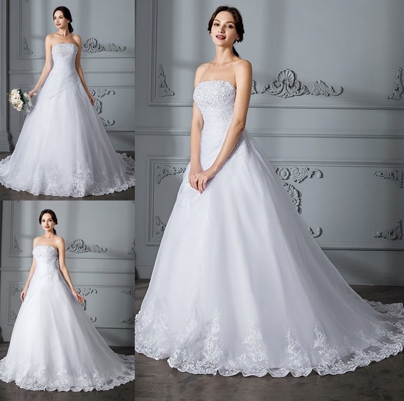 Strapless Ball Train Sleeveless Court Gown Organza Wedding Dresses