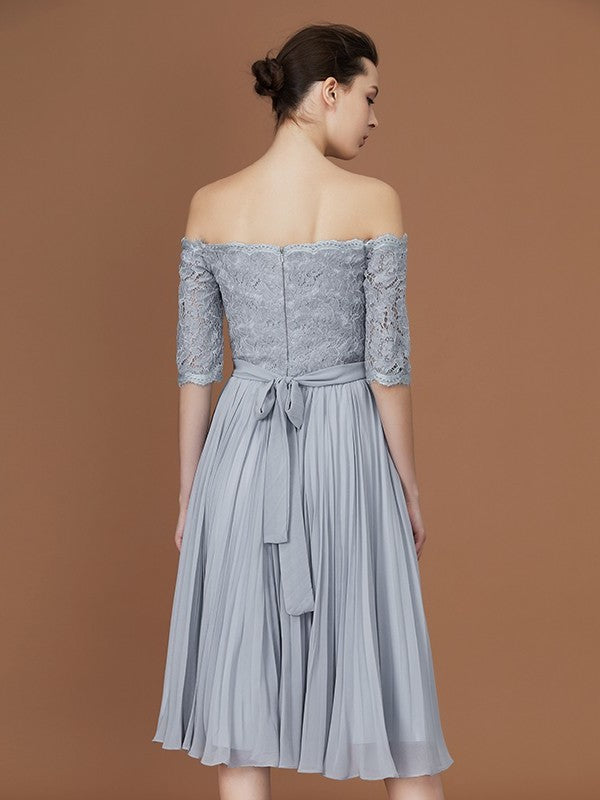 Off-the-Shoulder Short A-Line/Princess Sleeves Lace Tea-Length Chiffon Bridesmaid Dress