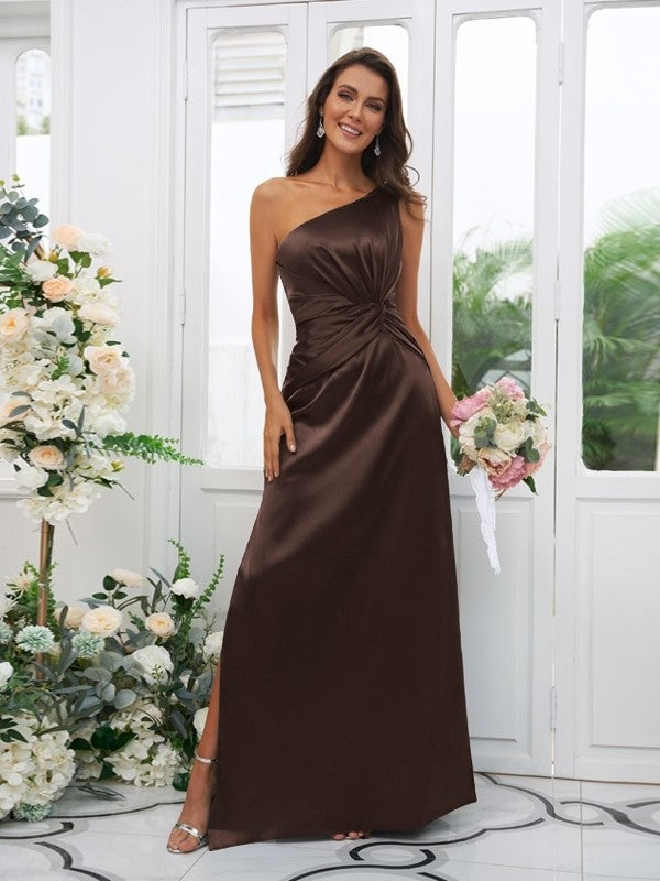 One-Shoulder Satin Sleeveless Sheath/Column Ruched Elastic Woven Floor-Length Bridesmaid Dresses