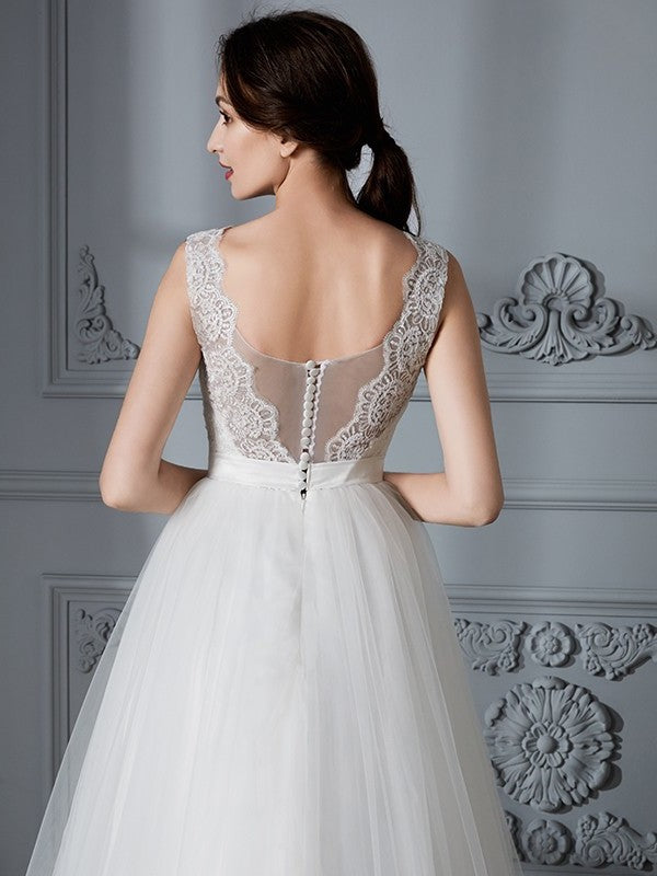 A-Line/Princess Train V-neck Sleeveless Sweep/Brush Tulle Wedding Dresses