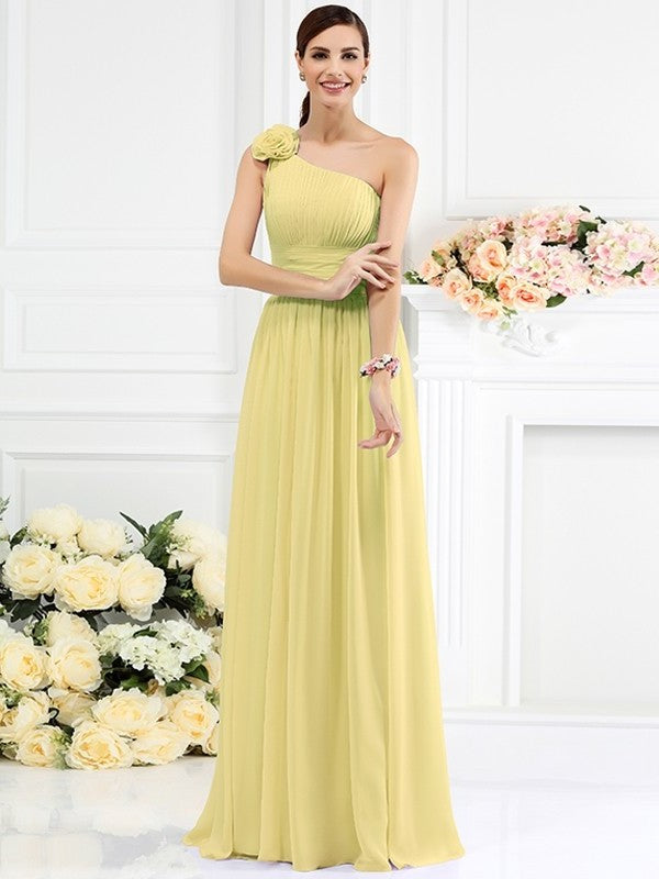 Long Hand-Made A-Line/Princess Pleats Sleeveless Flower One-Shoulder Chiffon Bridesmaid Dresses