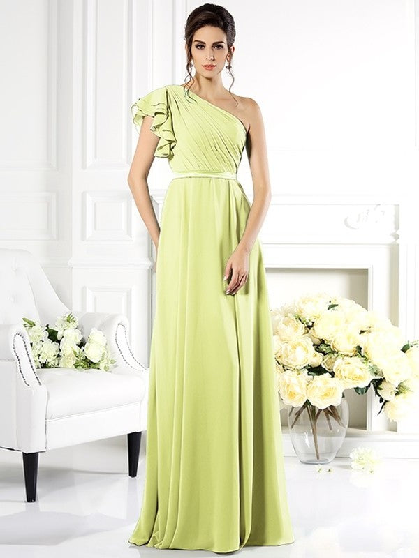 One-Shoulder Ruffles A-Line/Princess Long Sleeveless Chiffon Bridesmaid Dresses