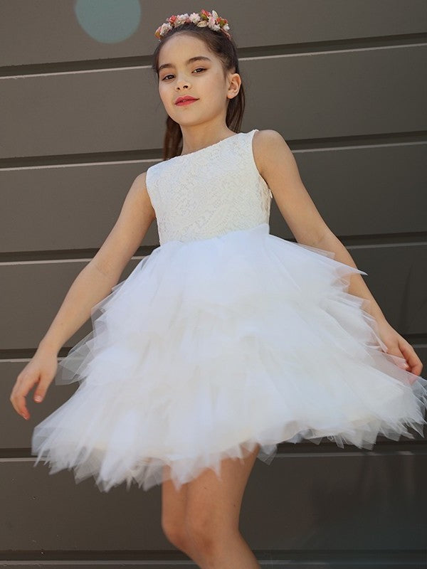 Lace A-Line/Princess Scoop Sleeveless Short/Mini Tulle Flower Girl Dresses