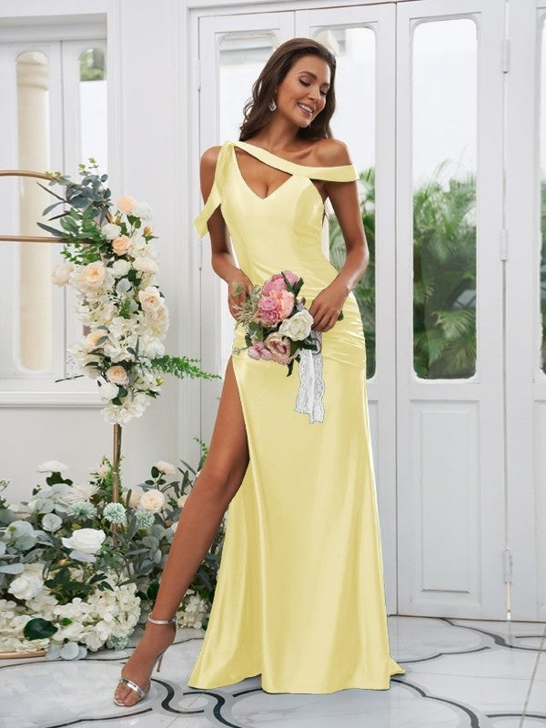 Sweep/Brush Sheath/Column Off-the-Shoulder Ruched Sleeveless Charmeuse Train Bridesmaid Dresses