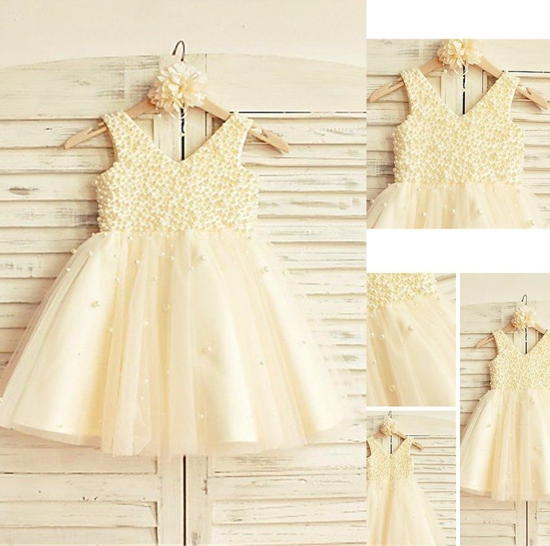 Tea-Length A-line/Princess Sleeveless Tulle Pearls V-neck Flower Girl Dresses