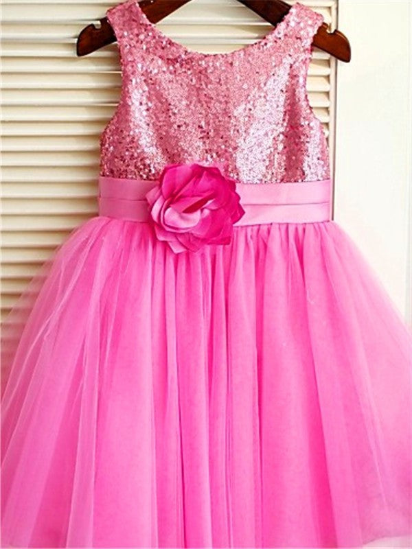 Scoop Sleeveless Tea-Length A-line/Princess Tulle Sequin Flower Girl Dresses