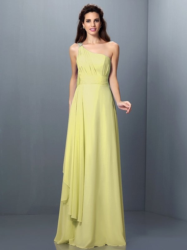 Pleats Sleeveless A-Line/Princess Long One-Shoulder Chiffon Bridesmaid Dresses