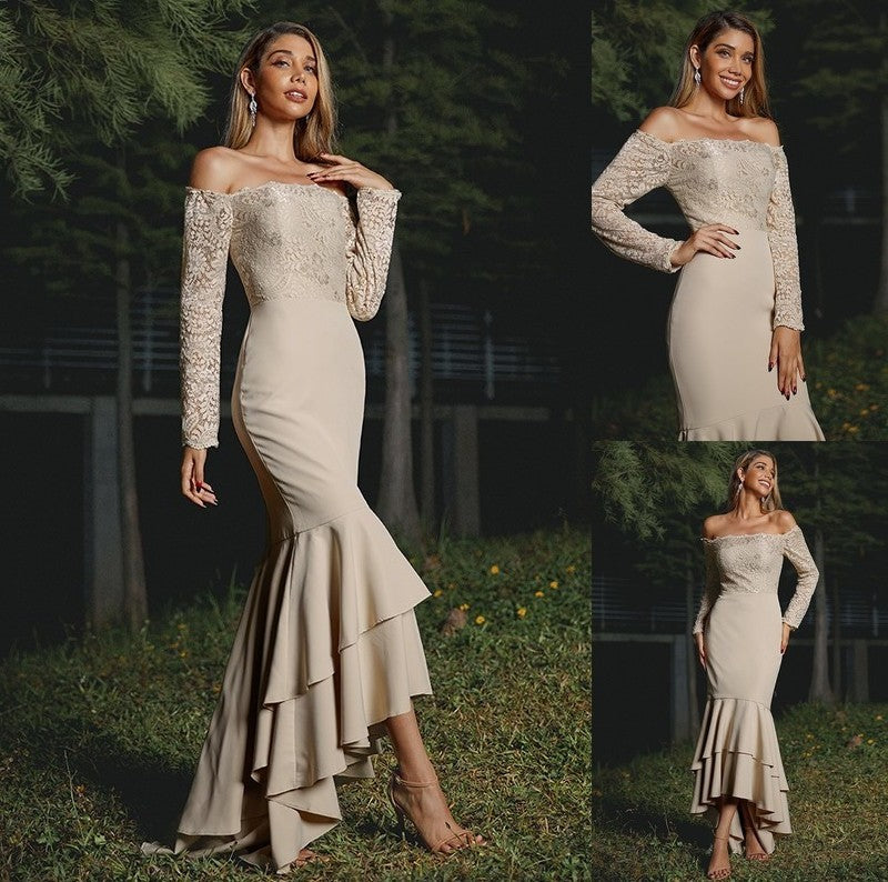 Trumpet/Mermaid Crepe Long Lace Off-the-Shoulder Sleeves Stretch Asymmetrical Bridesmaid Dresses