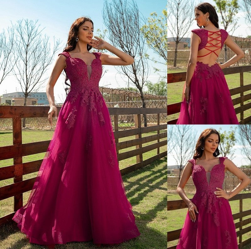 V-neck Tulle Applique A-Line/Princess Sleeveless Floor-Length Dresses