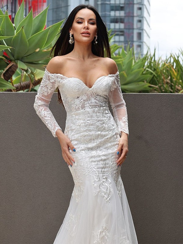 Trumpet/Mermaid Sweep/Brush Applique Tulle Long Off-the-Shoulder Sleeves Train Wedding Dresses