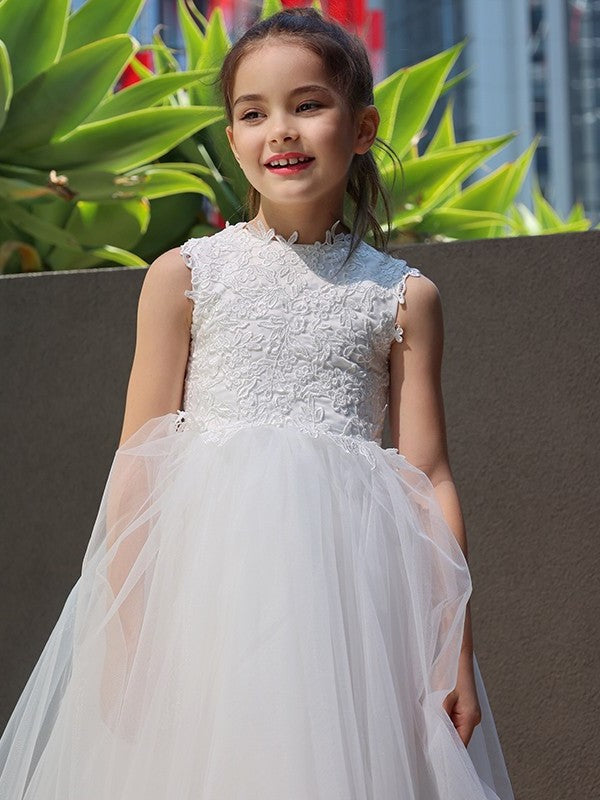 Knee-Length Tulle Lace Sleeveless Neck A-Line/Princess High Flower Girl Dresses