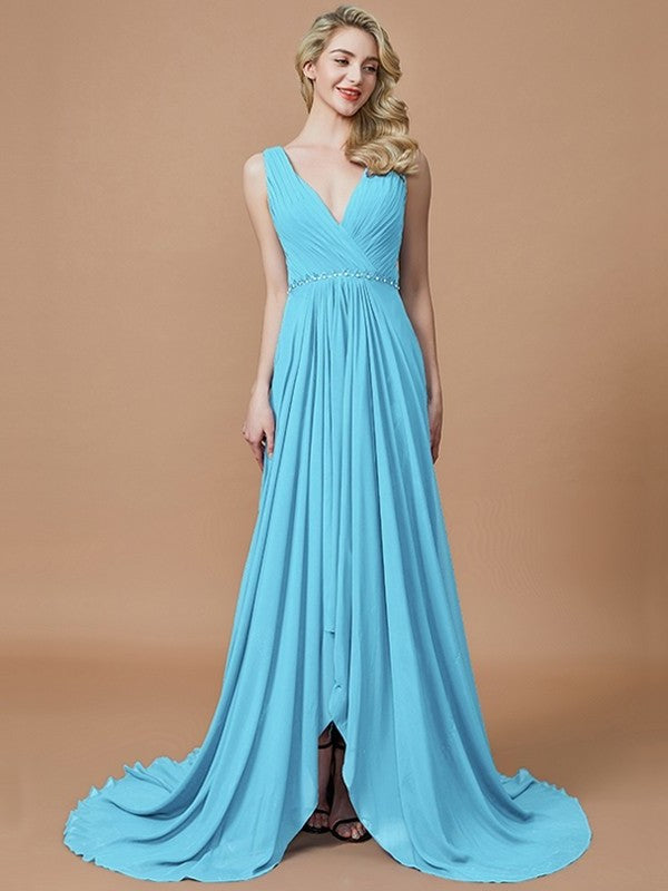 A-Line/Princess Chiffon Sweep/Brush Sleeveless V-neck Train Bridesmaid Dresses