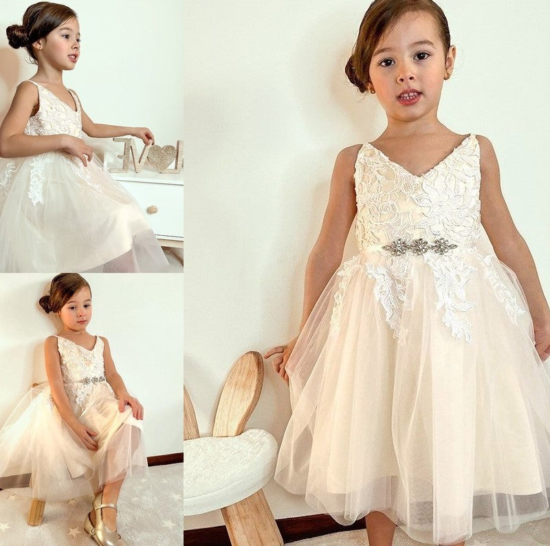 Lace Knee-Length V-neck Tulle A-Line/Princess Sleeveless Flower Girl Dresses