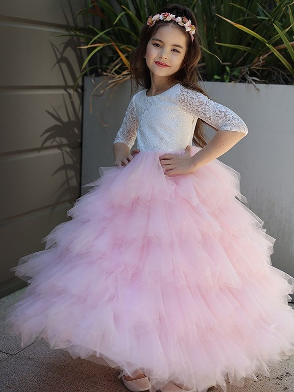 3/4 Sleeves A-Line/Princess Tulle Lace Ankle-Length Scoop Flower Girl Dresses