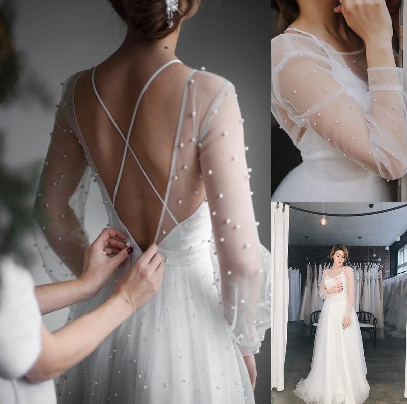 Beading Long Sweep/Brush Tulle Sleeves A-Line/Princess Scoop Train Wedding Dresses