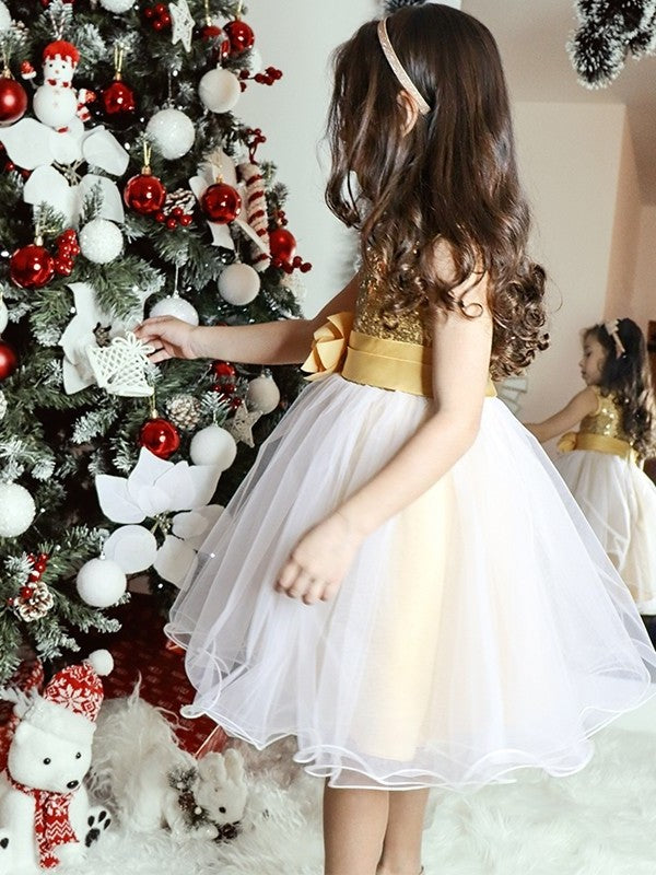 Organza A-Line/Princess Sleeveless Tea-Length Scoop Sequin Flower Girl Dresses