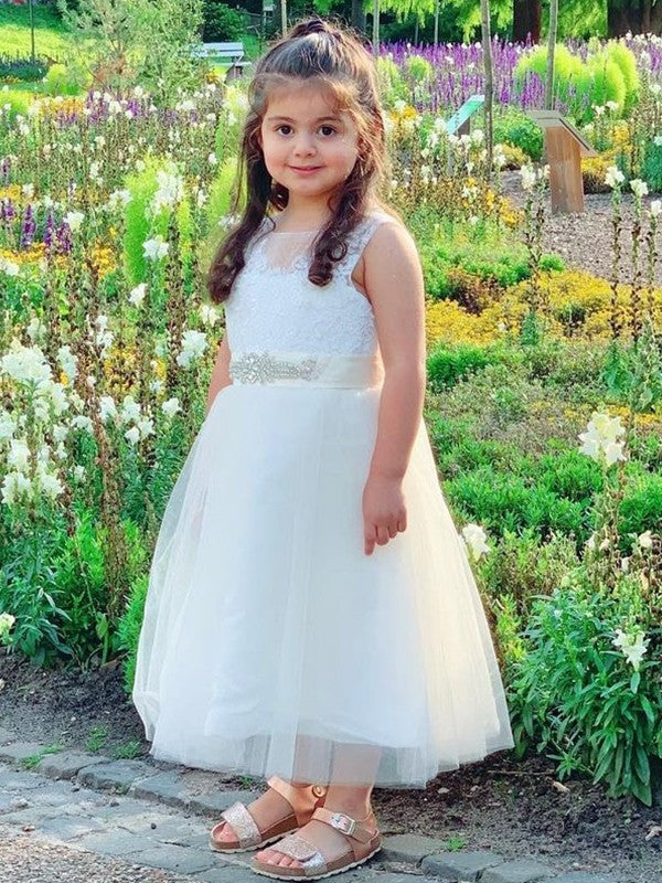 Scoop Tulle Tea-Length Sleeveless A-Line/Princess Lace Flower Girl Dresses