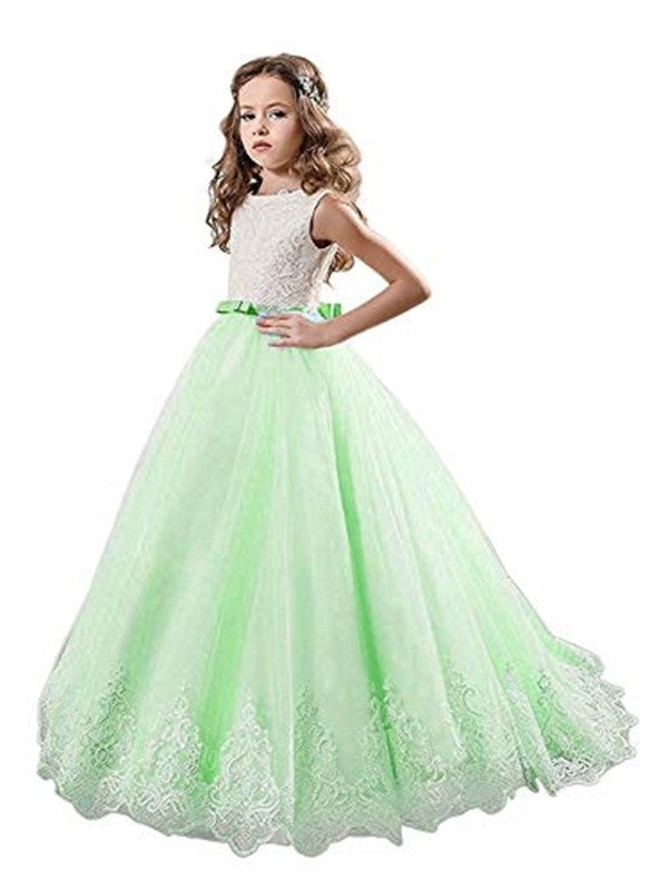 Gown Train Ball Jewel Sweep/Brush Tulle Lace Sleeveless Flower Girl Dresses