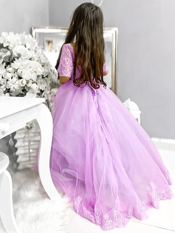 Train Off-the-Shoulder Sleeves Sweep/Brush Lace 1/2 Ball Tulle Gown Flower Girl Dresses