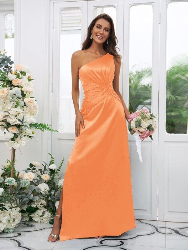 One-Shoulder Satin Sleeveless Sheath/Column Ruched Elastic Woven Floor-Length Bridesmaid Dresses