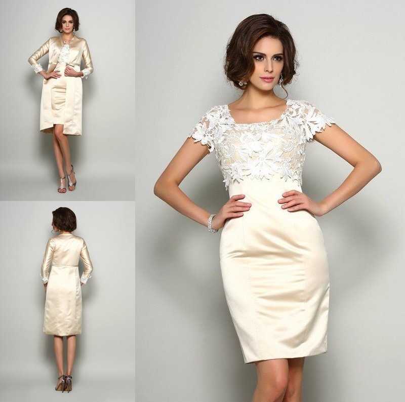 Short Applique Sleeves Square Short Sheath/Column Satin Mother of the Bride Dresses