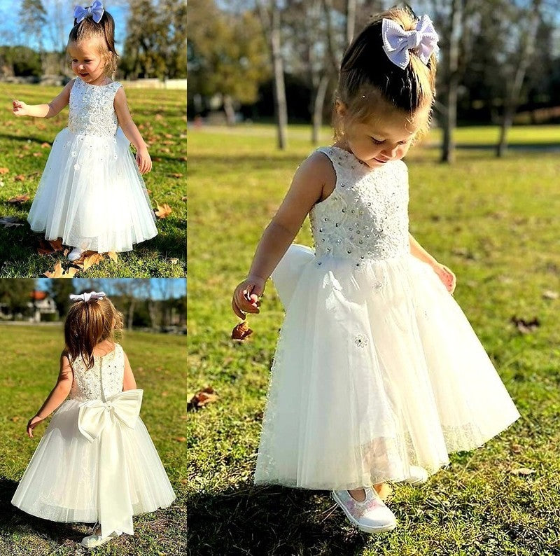 Sleeveless Bowknot Tulle Ankle-Length A-Line/Princess Scoop Flower Girl Dresses