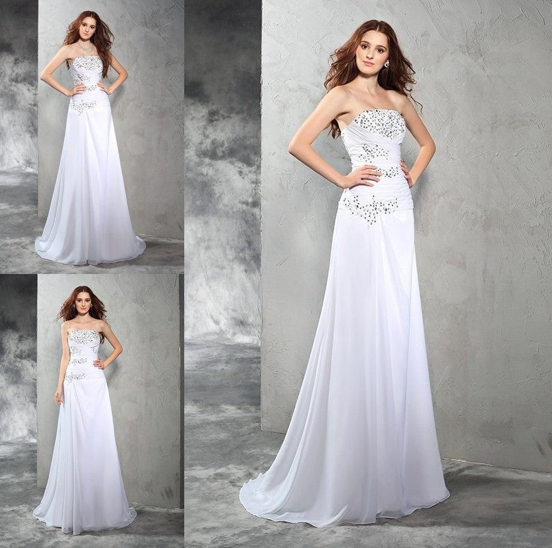 Sheath/Column Strapless Long Beading Sleeveless Chiffon Wedding Dresses