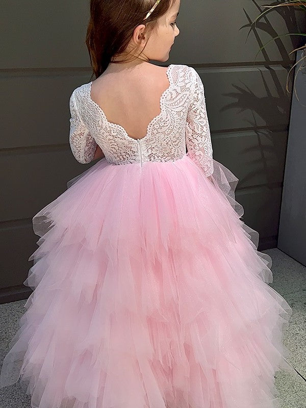 3/4 Sleeves A-Line/Princess Tulle Lace Ankle-Length Scoop Flower Girl Dresses